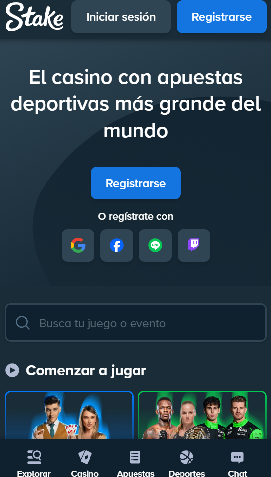 Registro y entrada al panel de usuario Stake casino